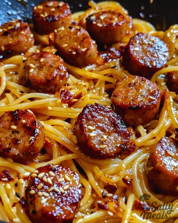 Sticky Honey Garlic Sausage Pasta Skillet - Sally Meals